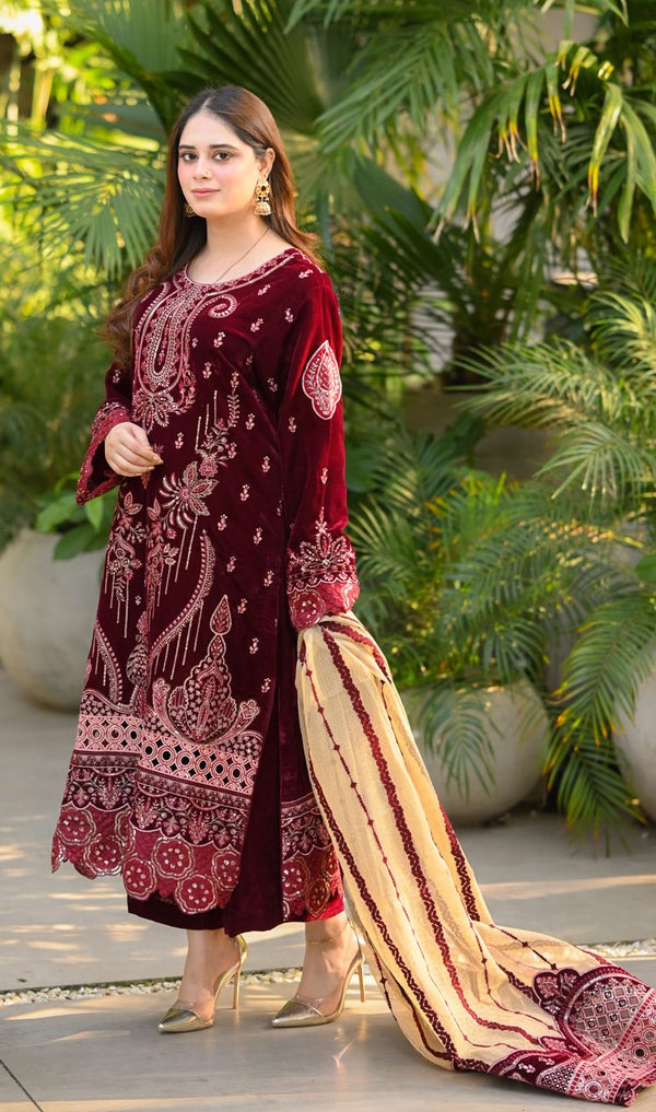 3 PIECE UNSTITCHED EMBROIDERED VELVET DRESS BW1240 - Brands Wear