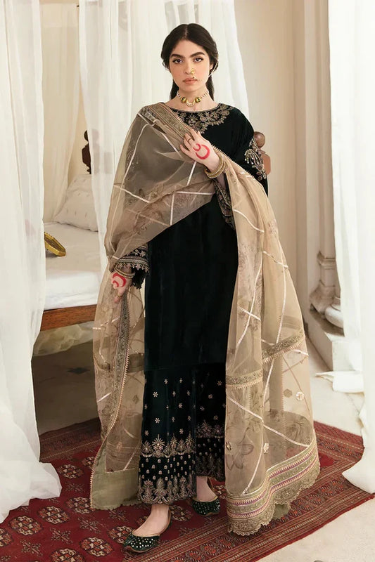 Unstitched velvet dress with Baroque embroidery in deep colors, designed by Brands Wear, shown in a detailed close-up image.