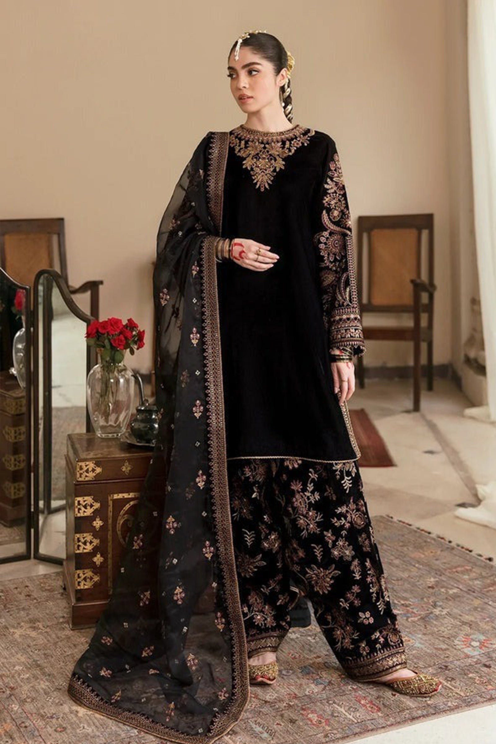 3 PIECE UNSTITCHED EMBROIDERED VELVET DRESS BW563 - Brands Wear