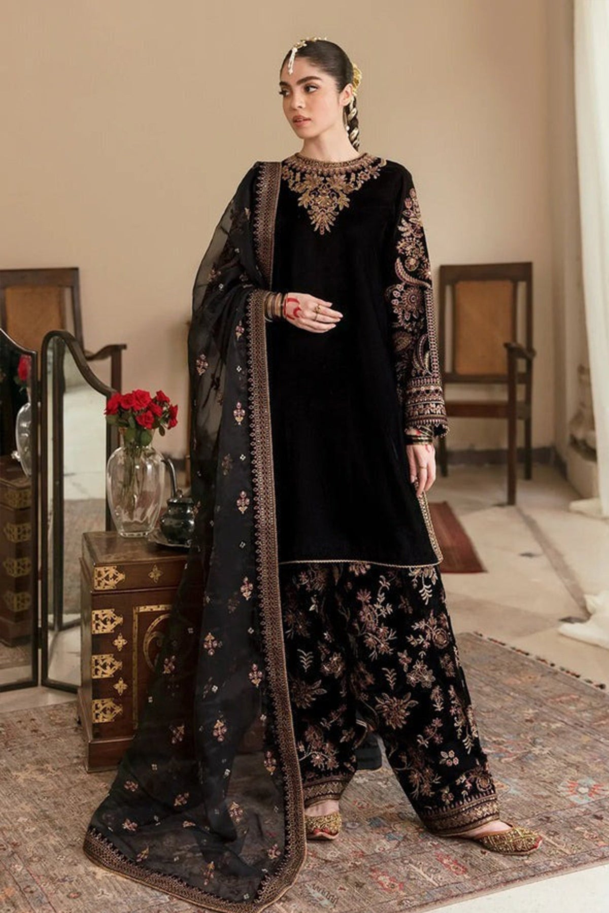 3 PIECE UNSTITCHED EMBROIDERED VELVET DRESS BW563 - Brands Wear
