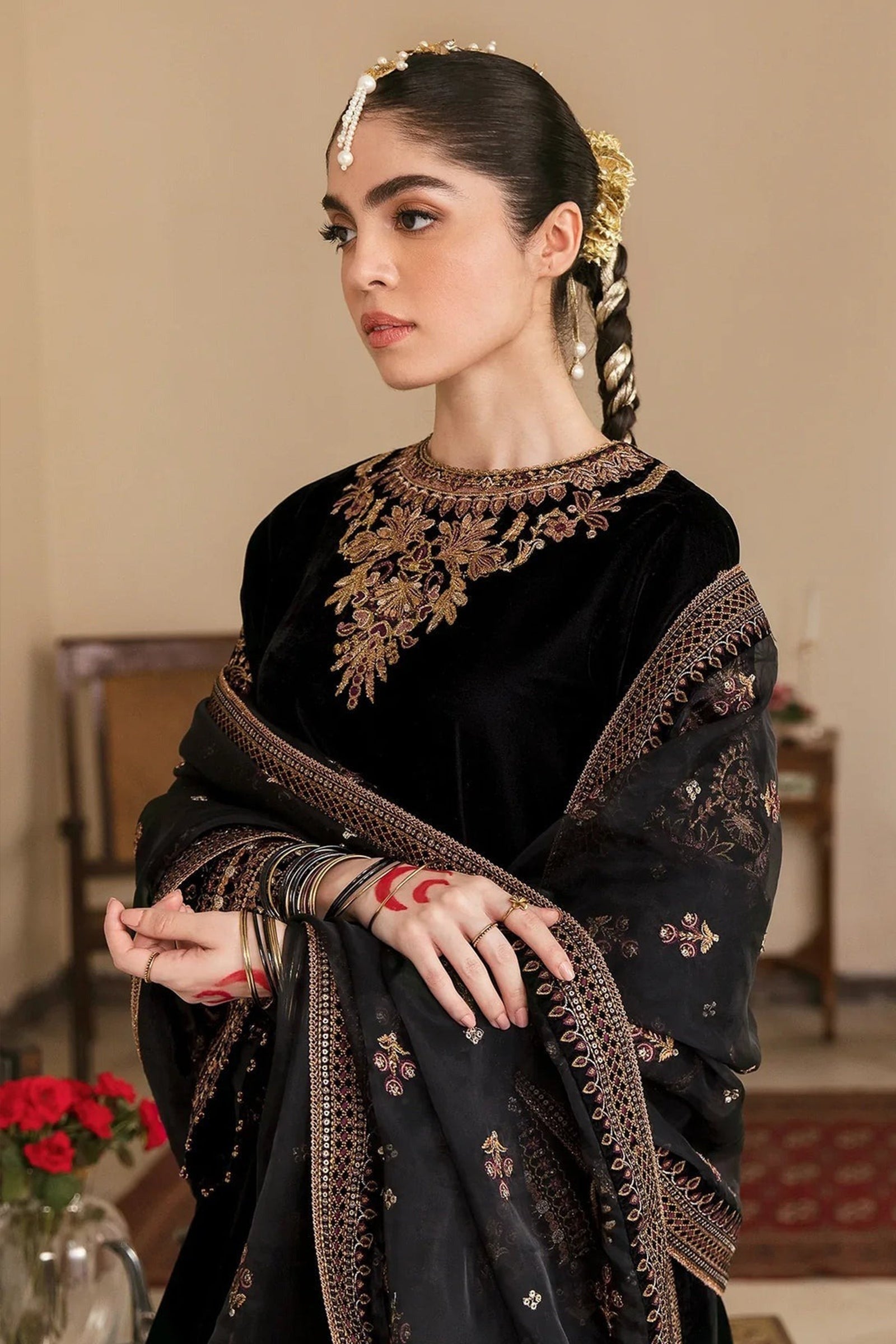 3 PIECE UNSTITCHED EMBROIDERED VELVET DRESS BW563 - Brands Wear