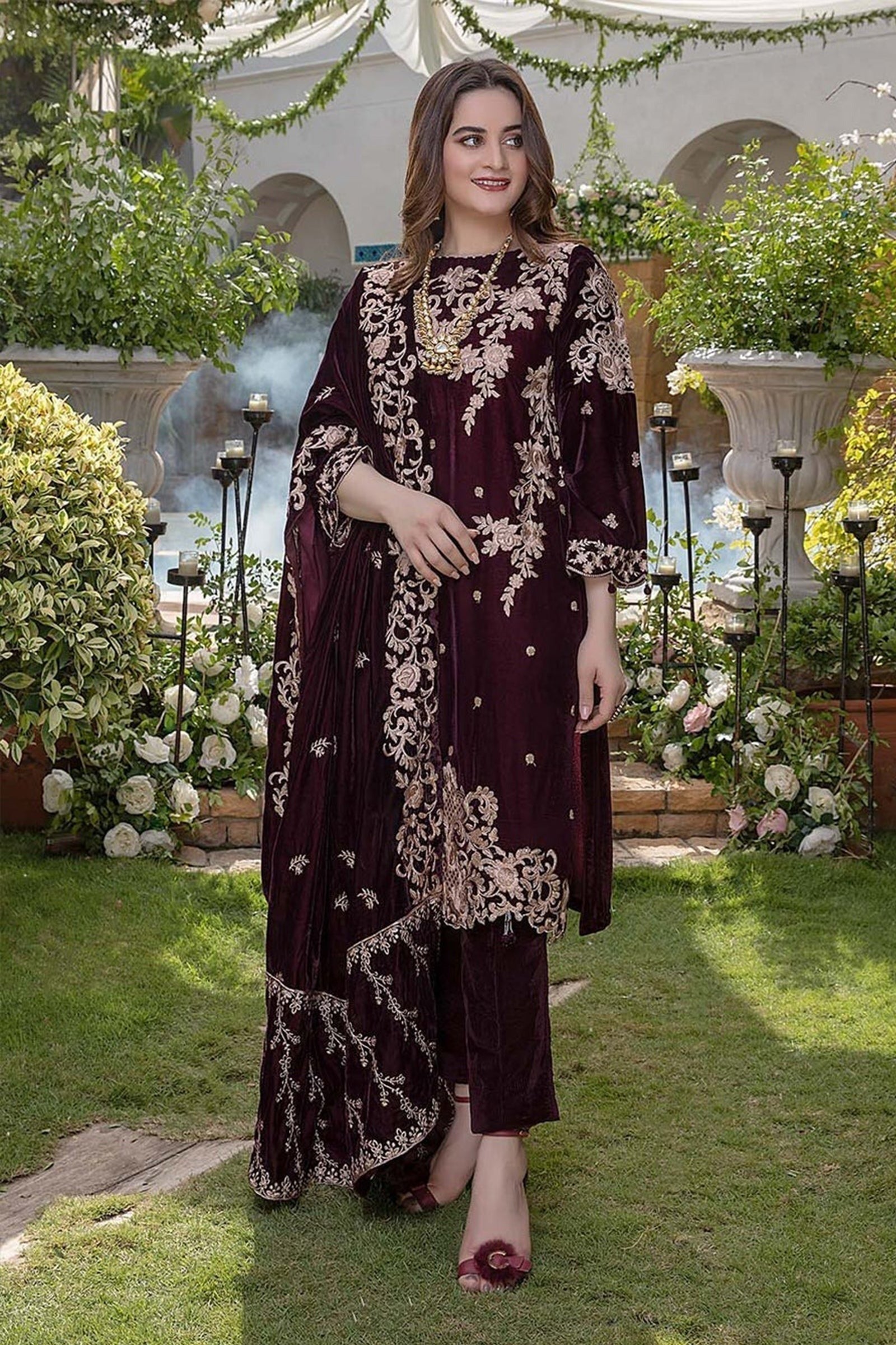3 PIECE UNSTITCHED EMBROIDERED VELVET DRESS BW401 - Brands Wear