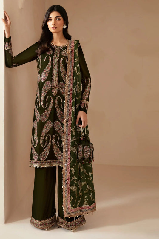 Jazmin 3-piece unstitched embroidered velvet dress by Brands Wear, featuring intricate embroidery on deep velvet fabric.