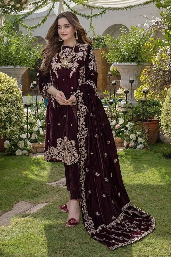 3 PIECE UNSTITCHED EMBROIDERED VELVET DRESS BW401 - Brands Wear