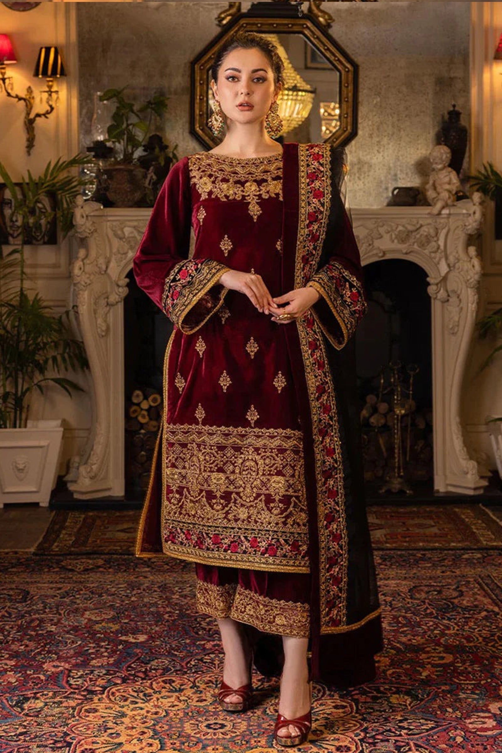3 PIECE UNSTITCHED EMBROIDERED VELVET DRESS BW556 - Brands Wear