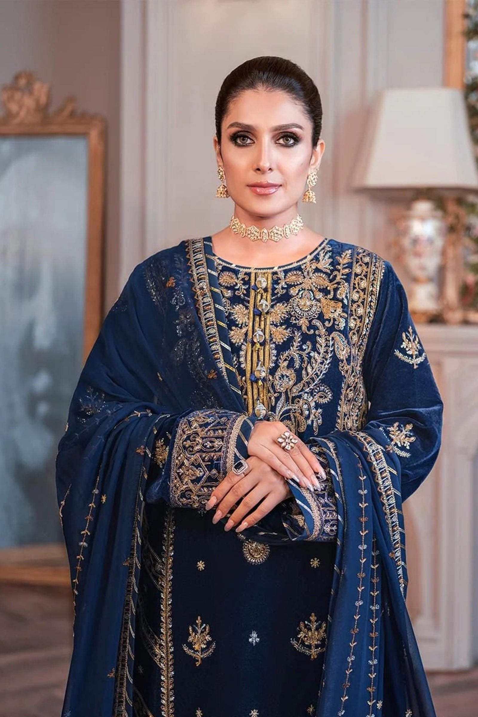 3 PIECE UNSTITCHED EMBROIDERED VELVET DRESS BW607 - Brands Wear