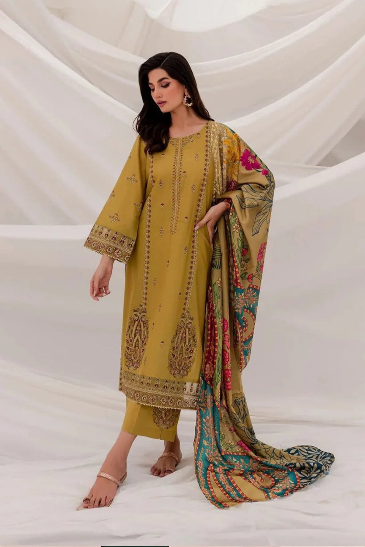Jazmin 3Pc Dhanak Embroidered Suit Printed Shawl Bw2086
