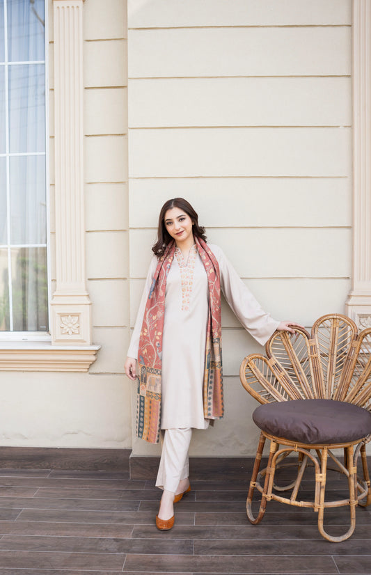 Embossed navy blue AISLING 3-piece embroidered Dhanak suit by Brands Wear, featuring intricate embroidery and traditional design.
