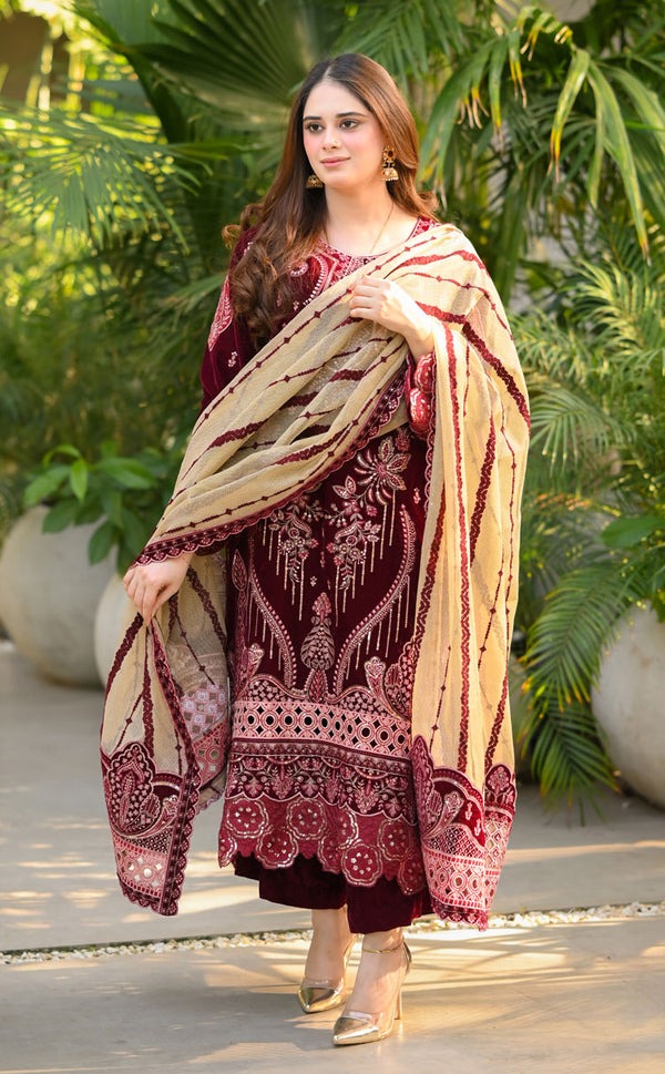 3 PIECE UNSTITCHED EMBROIDERED VELVET DRESS BW1240 - Brands Wear