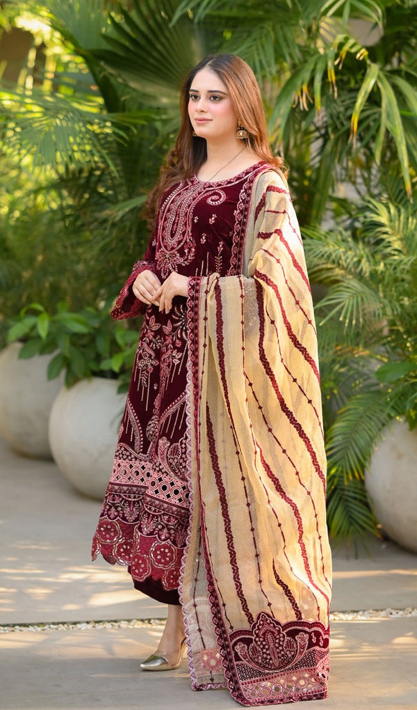 3 PIECE UNSTITCHED EMBROIDERED VELVET DRESS BW1240 - Brands Wear