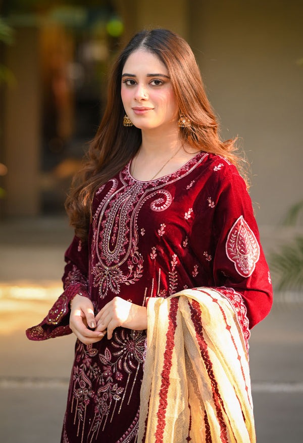 3 PIECE UNSTITCHED EMBROIDERED VELVET DRESS BW1240 - Brands Wear