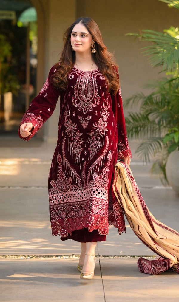 3 PIECE UNSTITCHED EMBROIDERED VELVET DRESS BW1240 - Brands Wear