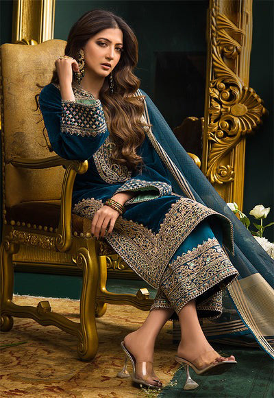ASIM JOFA - 3 PIECE UNSTITCHED EMBROIDERED VELVET DRESS BW414 - Brands Wear
