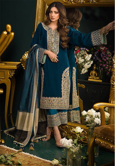 ASIM JOFA - 3 PIECE UNSTITCHED EMBROIDERED VELVET DRESS BW414 - Brands Wear