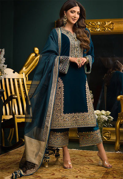 ASIM JOFA - 3 PIECE UNSTITCHED EMBROIDERED VELVET DRESS BW414 - Brands Wear