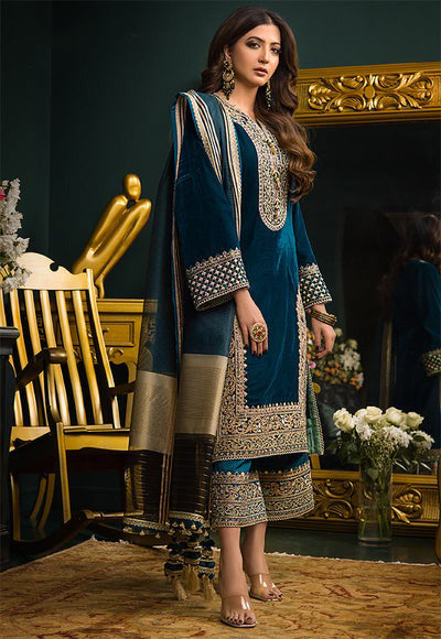 ASIM JOFA - 3 PIECE UNSTITCHED EMBROIDERED VELVET DRESS BW414 - Brands Wear