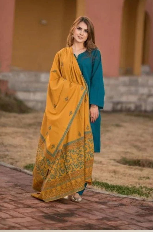 A printed AISLING 3-piece Dhanak suit with matching shawl, unstitched dress by Brands Wear displayed on a hanger.