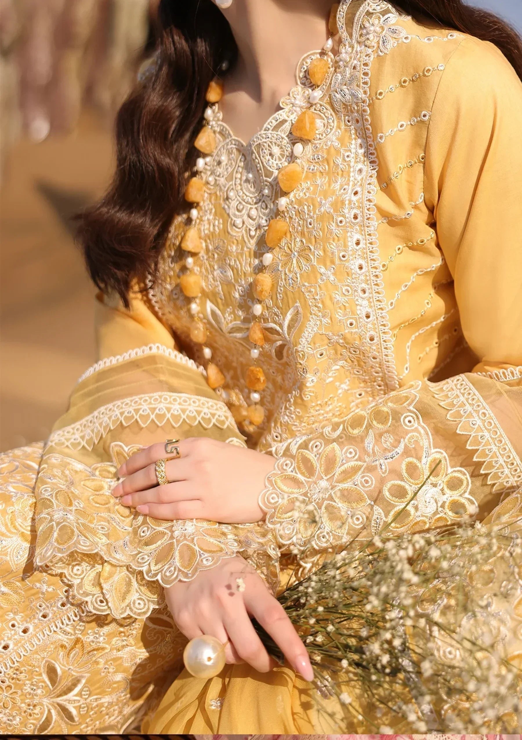 Lawn 3-piece Chikankari embroidered shirt set with organza embroidered dupatta by Brands Wear, featuring intricate needlework and elegant fabric.