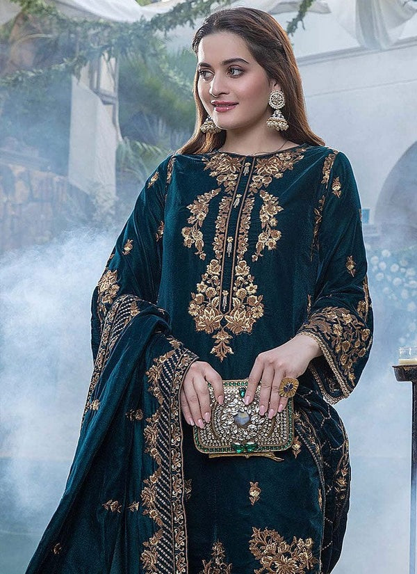 3 PIECE UNSTITCHED EMBROIDERED VELVET DRESS BW402 - Brands Wear