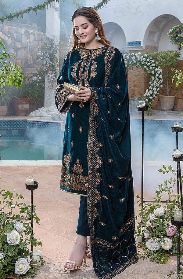 3 PIECE UNSTITCHED EMBROIDERED VELVET DRESS BW402 - Brands Wear