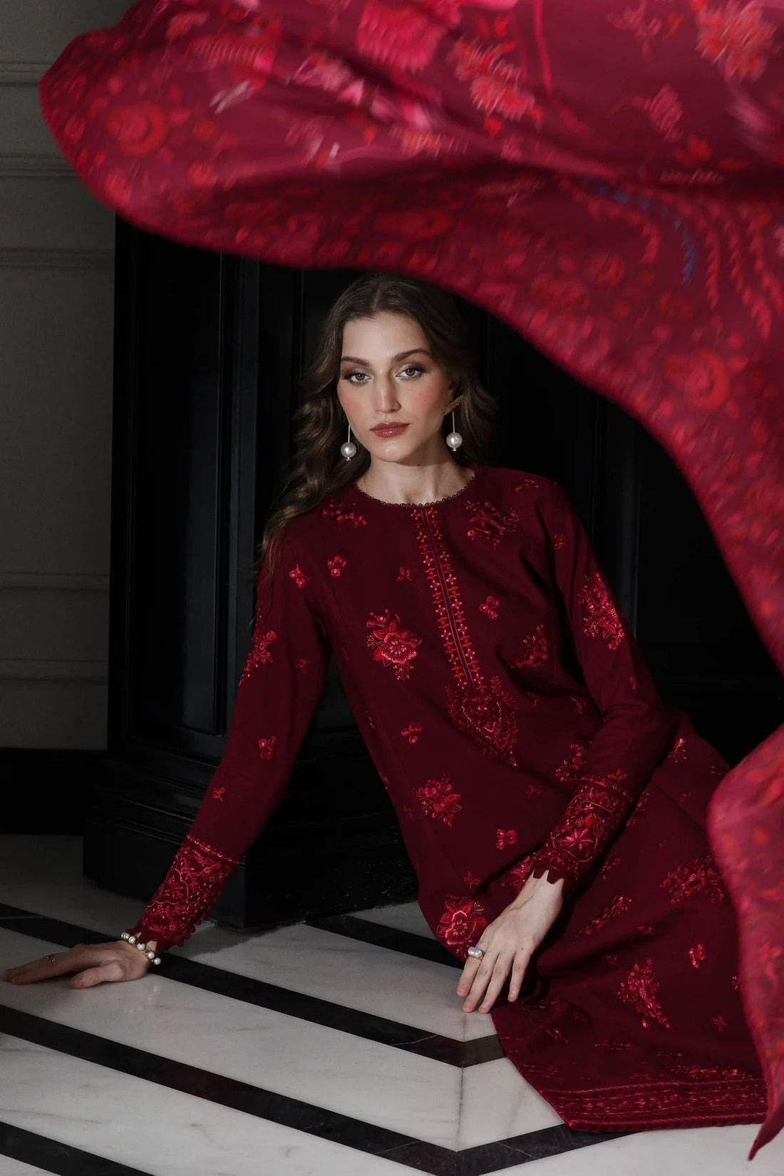 Embroidered lawn summer 3-piece Batik dress set by Brands Wear, featuring intricate embroidery and vibrant fabric details.