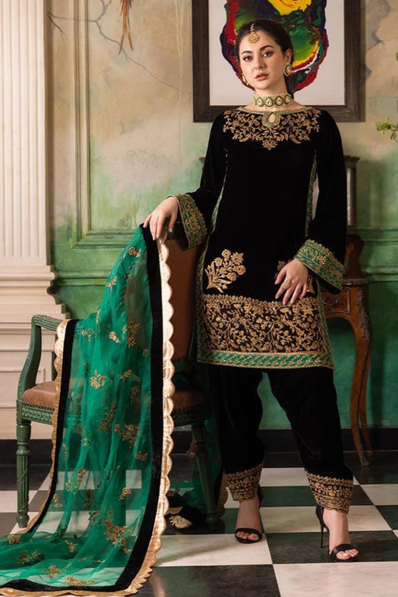 3 PIECE UNSTITCHED EMBROIDERED VELVET DRESS BW551 - Brands Wear