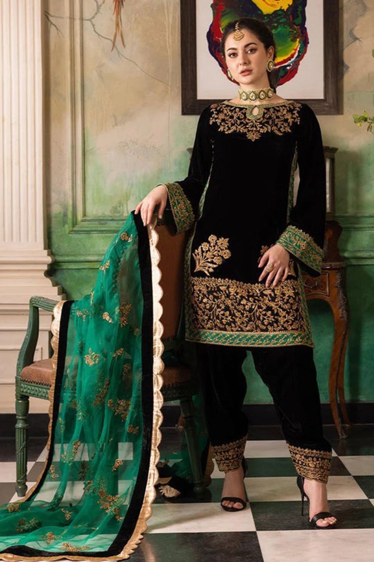 3 PIECE UNSTITCHED EMBROIDERED VELVET DRESS BW551 - Brands Wear