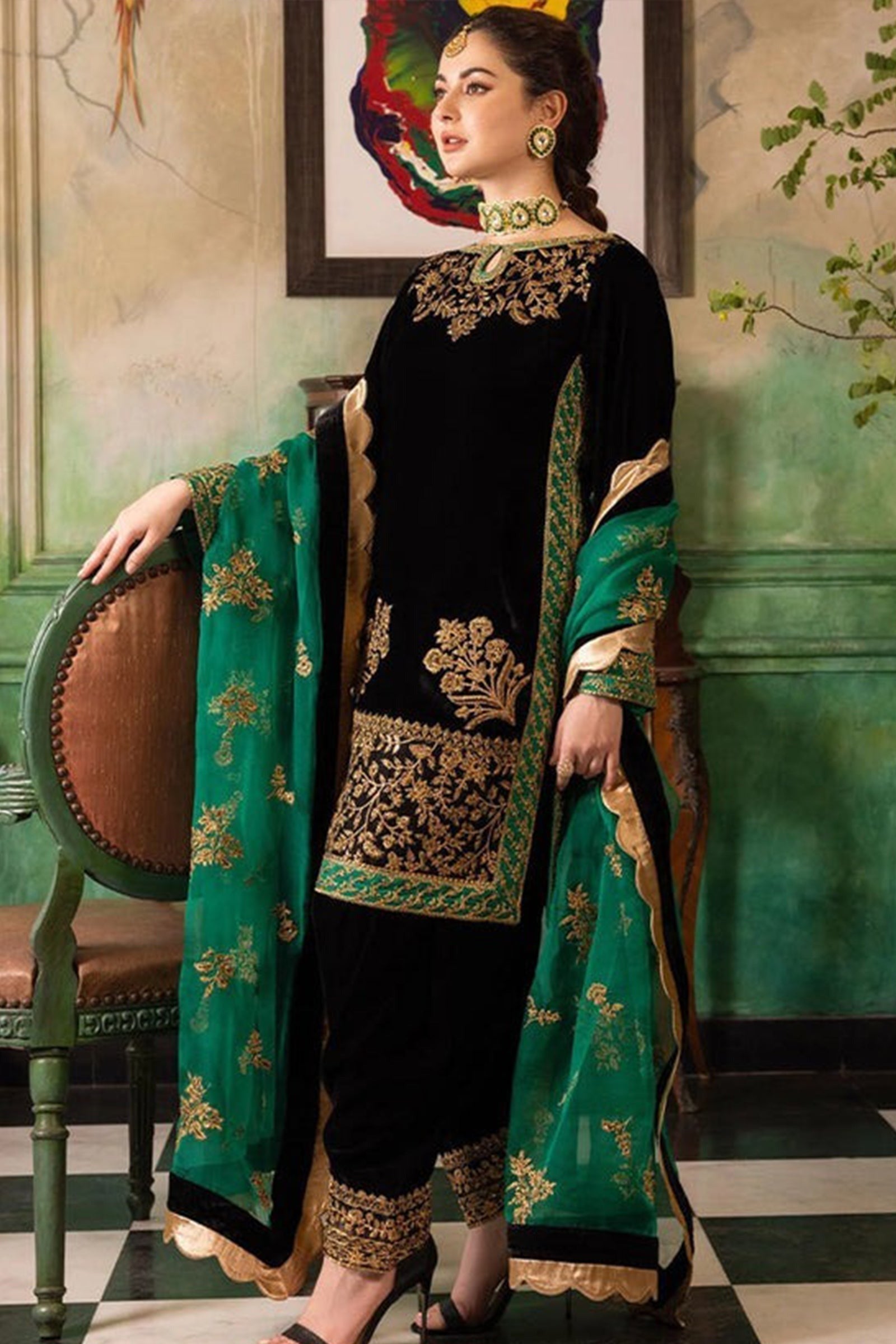 3 PIECE UNSTITCHED EMBROIDERED VELVET DRESS BW551 - Brands Wear