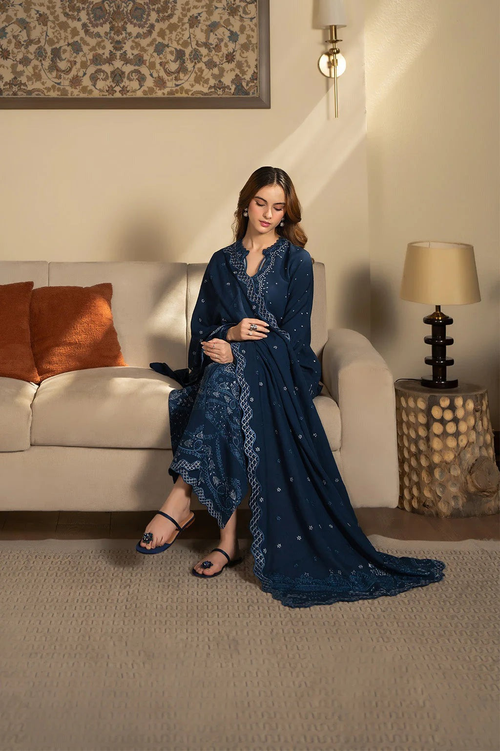 SAPPHIRE - 3 PIECE DHANAK EMBROIDERED SHIRT WITH DHANAK EMBROIDERED SHAWL BW2504 - Brands Wear