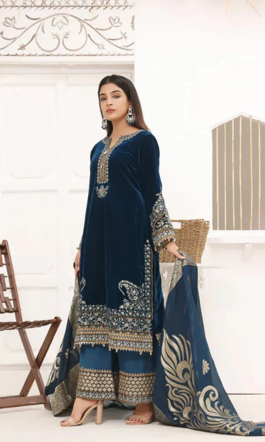 Hadia Eman 3-piece unstitched embroidered velvet dress by Brands Wear, featuring intricate embroidery on rich velvet fabric.