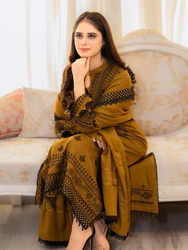 LIBAS - 3 PIECE EMBROIDERED DHANAK SUIT WITH HEAVY EMBROIDERED DHANAK SHAWL - Brands Wear