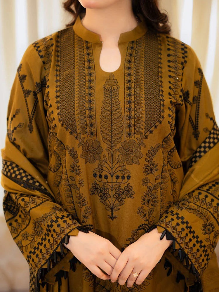 LIBAS - 3 PIECE EMBROIDERED DHANAK SUIT WITH HEAVY EMBROIDERED DHANAK SHAWL - Brands Wear
