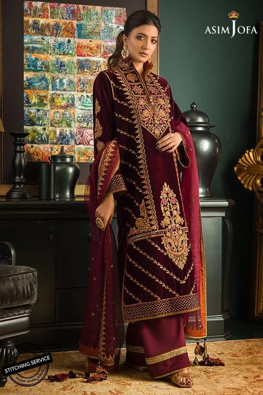 Asimjofa three-piece velvet embroidered dress with organza embroidered dopata, featuring intricate embroidery and luxurious fabric.