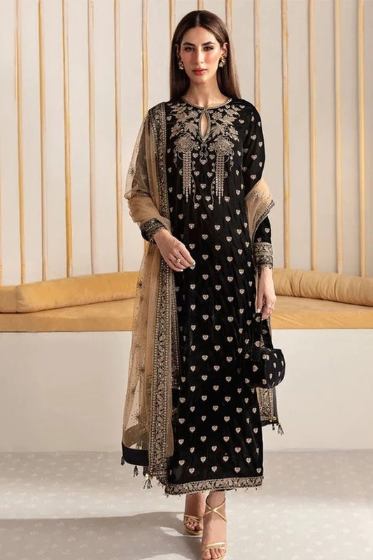 Baroque velvet winter 3-piece embroidered dress with organza dopata by Brands Wear, featuring intricate embroidery and luxurious fabric.