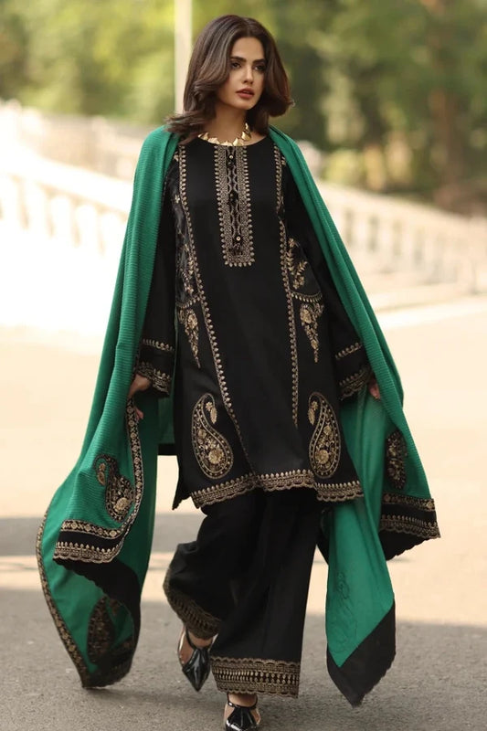 Charizma 3-piece embroidered Dhanak unstitched dress set by Brands Wear, showcasing intricate embroidery and traditional design.