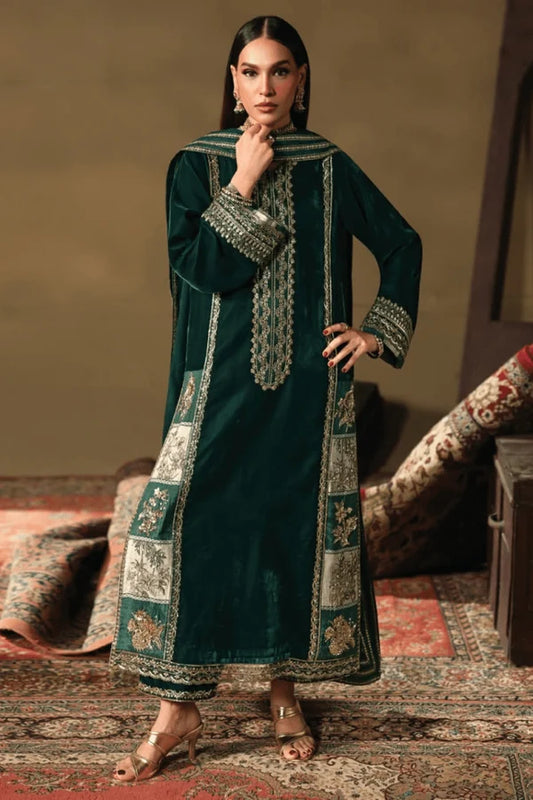 Unstitched velvet dress from Brands Wear with intricate embroidered patterns, showcased in deep black with rich fabric details.
