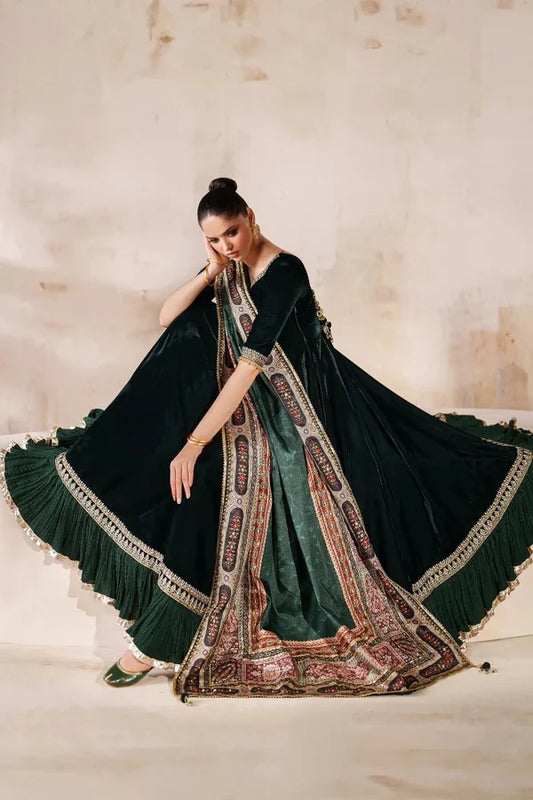 Unstitched Baroque embroidered velvet dress in rich velvet fabric, featuring intricate embroidery, by Brands Wear.