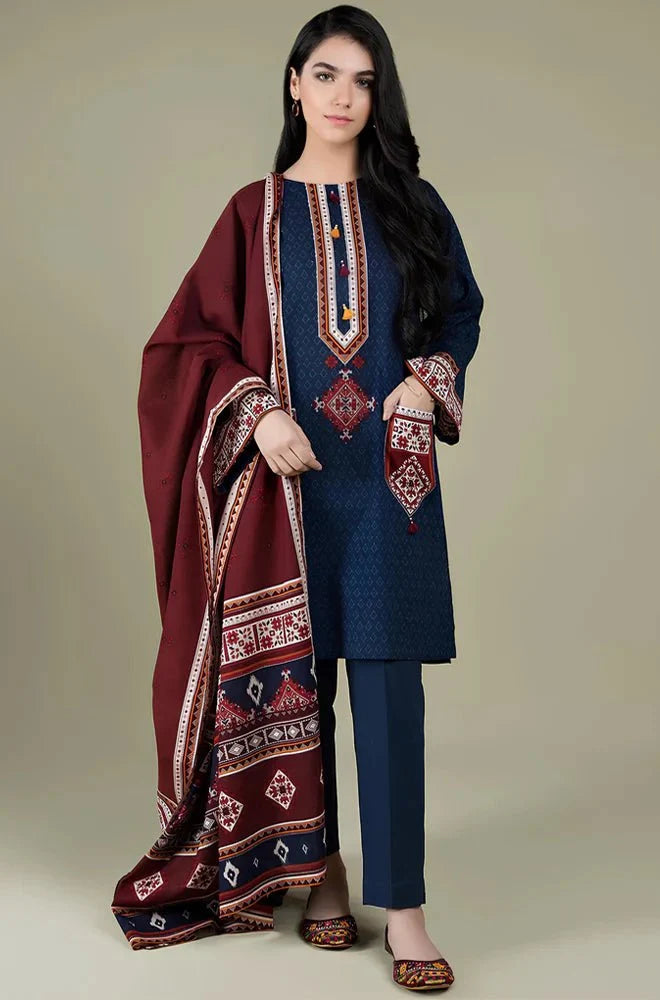 3PC EMBROIDERED LINEN SUIT Wool Printed Shawl BW2093