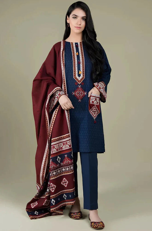 3PC EMBROIDERED LINEN SUIT Wool Printed Shawl BW2093