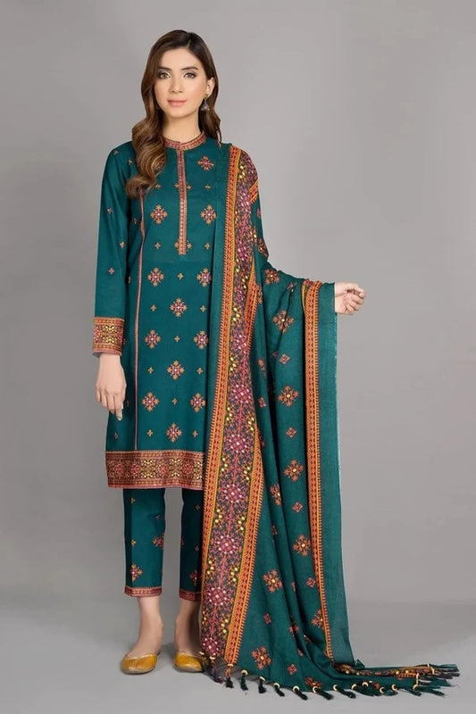 KAYSERYA 3-piece embroidered linen suit from Brands Wear, featuring intricate embroidery and lightweight winter Dhanak fabric.