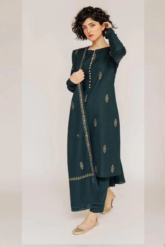 Winter 3-piece Dhanak embroidered suit with matching shawl by Brands Wear, featuring intricate embroidery and elegant fabric details.