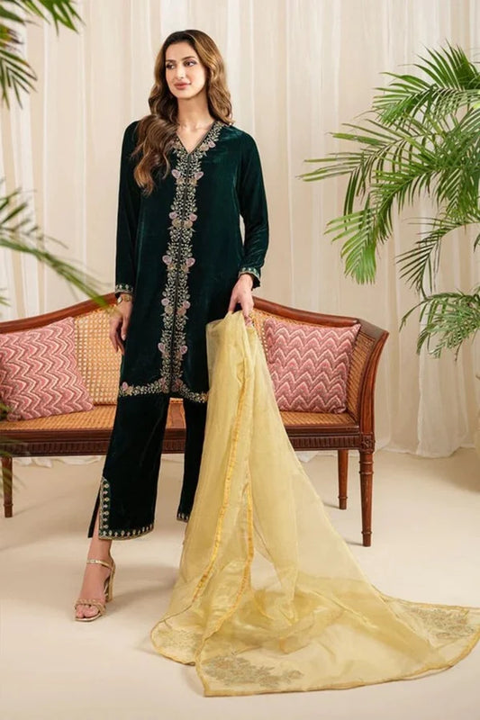 Ziva 3-piece unstitched embroidered velvet dress from Brands Wear featuring intricate embroidery and organza dopata details.