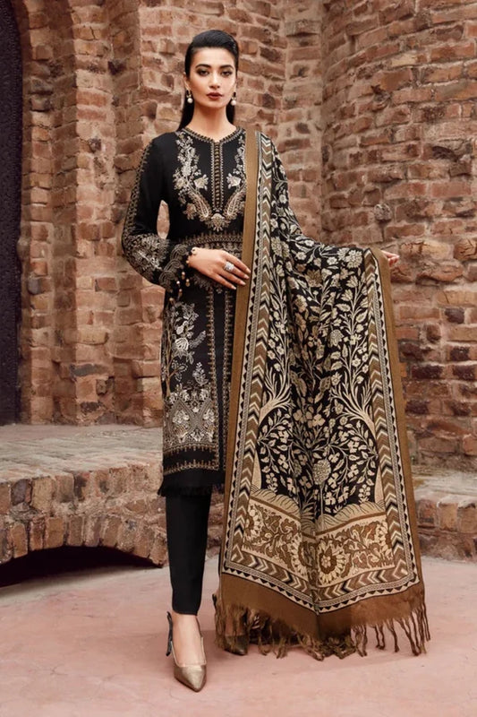 Maria B 3-piece embroidered Dhanak unstitched dress set with printed shawl, featuring intricate embroidery and elegant fabric.