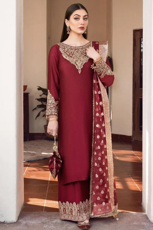 Embroidered silk three-piece suit by Brands Wear featuring intricate embroidery and a elegant frock-style design.