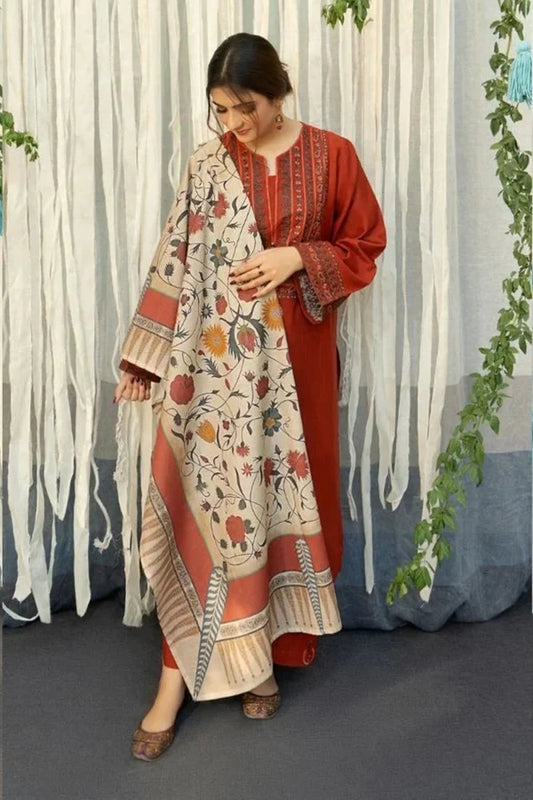 Elegant embroidered Dhanak suit by Brands Wear featuring intricate embroidery and a printed shawl, perfect for festive occasions.